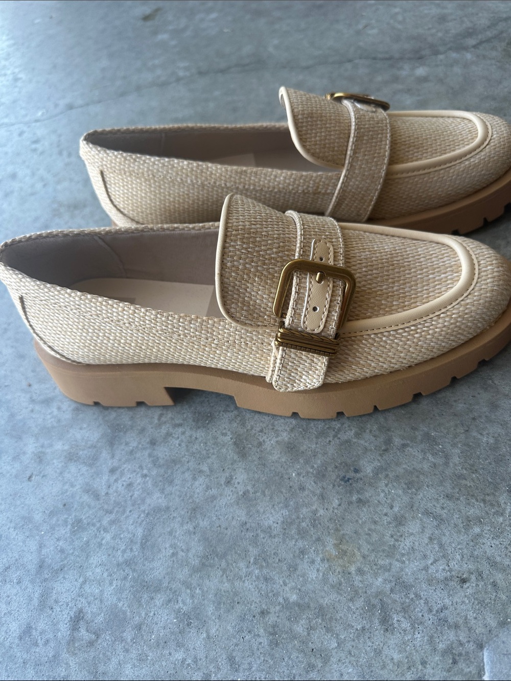 Dolce Vita Cream Woven Loafers with Gold Buckle